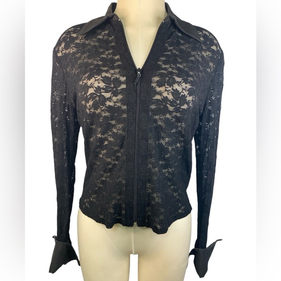 CAbi Jackets & Blazers - CAbi Black Lace Long Sleeve Sheer Full Zip Up Jacket Women’s Large